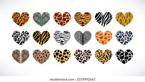 Wild safari animal print textured heart set. Vector hearts collection with leopard, cheetah, tiger, giraffe, zebra, snake skin pattern for fashion print design, backgrounds, fabric.