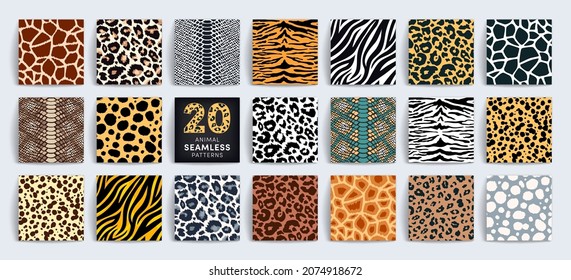 Wild safari animal seamless pattern collection. Vector leopard, cheetah, tiger, giraffe, zebra, snake skin texture set for fashion print design, fabric, textile, wrapping paper, background, wallpaper.