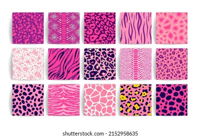 Wild safari animal seamless pattern pink collection. Vector leopard, cheetah, tiger, giraffe, zebra, snake skin texture set for fashion print design, fabric, textile, background, wallpaper.