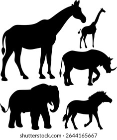 Wild Safari Animal Silhouette Set – Lion, Elephant, Giraffe, Rhino, Zebra