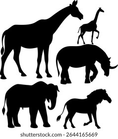 Wild Safari Animal Silhouette Set – Lion, Elephant, Giraffe, Rhino, Zebra