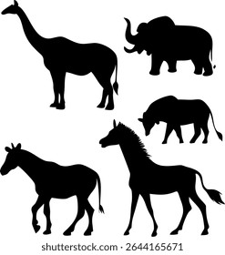 Wild Safari Animal Silhouette Set – Lion, Elephant, Giraffe, Rhino, Zebra