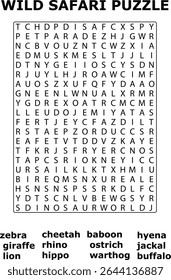 Wild Safari Animal Word Search Puzzle Letters Background Educational Game Activity