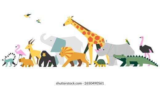 Wild Safari Animals Vector Illustration – Flat Jungle Wildlife Print with Giraffe, Elephant, Rhino, Lion, Crocodile, Birds and Amphibians. Perfect for banners, posters, educational materials .