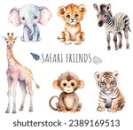 Wild safari baby animals watercolor. African zebra, elephant, tiger, baby lion hand drawn vector set.