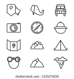Wild Safari Park Outline Vector Icon Collection. Simple and clean style graphic drawings with animals, natural objects and other wild trip accessories. Exotic national park tourism elements set.