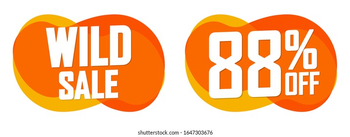 Wild Sale, 88% off, bubble banners design template, discount tags, app icons, vector illustration