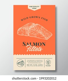 Wild Salmon Abstract Vector Packaging Design or Label. Modern Typography Banner, Hand Drawn Fish Fillets Sketch Silhouette. Color Paper Background Layout. Isolated.