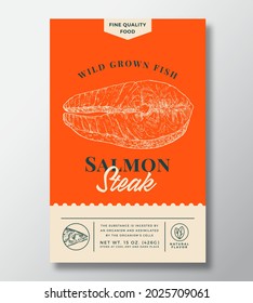 Wild Salmon Abstract Vector Packaging Design or Label. Modern Typography Banner, Hand Drawn Fish Steak Sketch Silhouette. Color Paper Background Layout. Isolated.