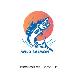 WILD SALMON FISH LOGO, silhouette of great fish swimming vector illudtrations