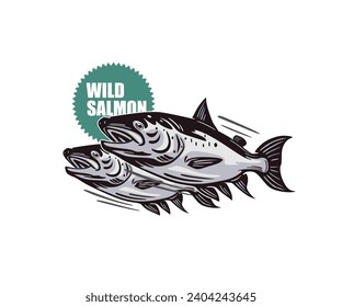 WILD SALMON FISH LOGO, silhouette of great fish swimming fast vector illustrations