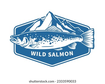 wild salmon fishing design with mountain illustration