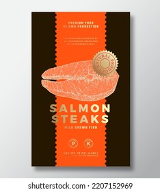 Wild Salmon Steaks Abstract Vector Packaging Label Design Template. Modern Typography Banner, Hand Drawn Fish Fillet Sketch Silhouette. Color Paper Background Layout with Gold Foil. Isolated