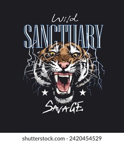 wild sanctuary slogan with roaring tiger head hand drawn vector illustration on black background