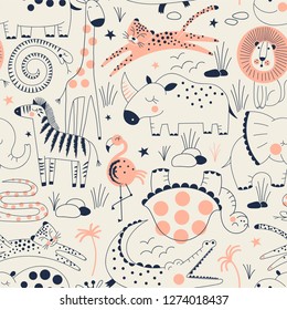 wild savannah animal pattern with SNAKE, CROCODILE, TURTLE, ELEPHANT, HIPPO, RHINO, LION, LEOPARD, GIRAFFE, ZEBRA, FLAMINGO, safari seamless background, summer kids and nursery fabric textile print