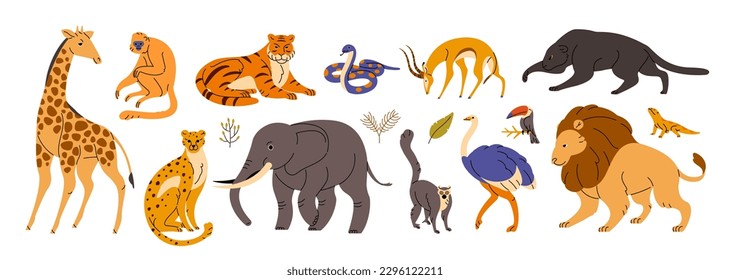 Animales salvajes de la sabana. Sabana tropical y hábitat de la jungla. Zoológico africano infantil. Girafa, elefante, tigre, mono, león, chita y avestruz. Ilustraciones vectoriales planas aisladas en fondo blanco