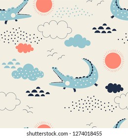 Wild Savannah With Cute Allegator Pattern, Safari Seamless Background, Summer Kids And Nursery Fabric Textile Print