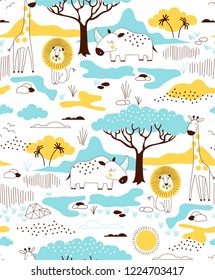 Wild Savannah landscape with safari Animals. Decorative Scandinavian surface print for kids and nursery design. Vector seamless pattern. 