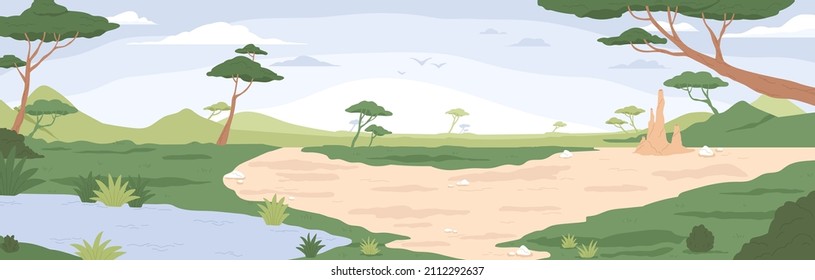 Wild savannah landscape. Savanna background, wild African nature with acacia trees, grass, sand and water. Africa scenery panorama. Kenya national park, panoramic view. Flat vector illustration