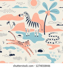 wild savannah park with zebra, leopard and snake pattern, safari seamless background, summer kids and nursery fabric textile print