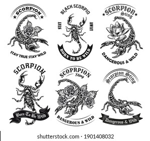 Wild scorpion monochrome tattoos and round labels vector illustration set. Vintage arachnid with poisonous sting on tail. Wildlife and fauna concept can be used for retro template, banner or poster