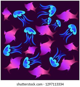 Wild sea life neon pattern.