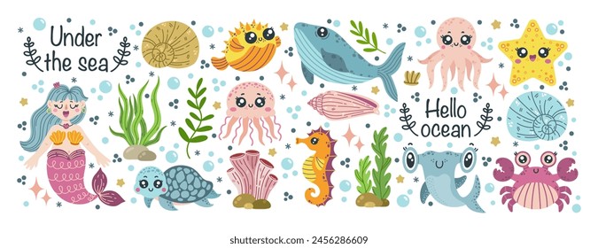 Wild sea life vector set. Ocean animals - cute turtle, little mermaid, baby shark, funny jellyfish, seahorse, starfish. Underwater creatures among seaweed, shells, corals. Hand drawn cartoon clipart