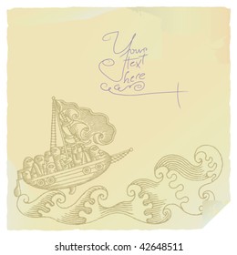 wild sea ship drama background illustration on old letter paper