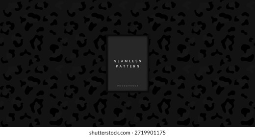 Patrón animal inconsútil salvaje con manchas de leopardo o jaguar gris oscuro y estampado de pantera sobre fondo negro para la marca de estilo de vida de lujo y textil de moda exótica