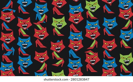 Wild seamless pattern with colorful angry cat heads and red high heel shoes on a dark black background texture.