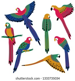 Wild set of colorful avian. Isolated tropical parrot birds icons with folk art pattern.