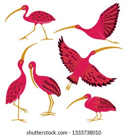 Wild set of cute ibis. Isolated cartoon pink ibis birds icons with folk art pattern.