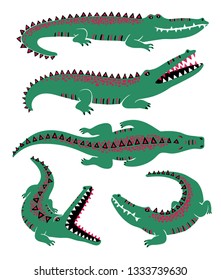 Wild set of funny alligators. Isolated cartoon crocodile icons with folk art pattern.