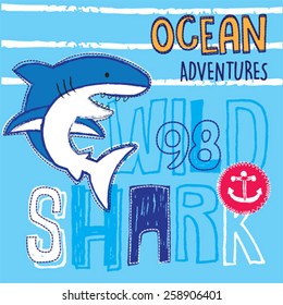 wild shark cartoon, T-shirt design vector illustration