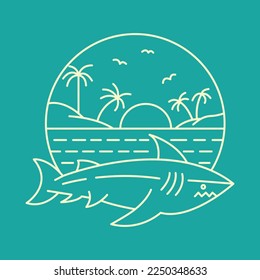 Wild Shark on the Beach with Sunset Background Monoline Design for Apparel