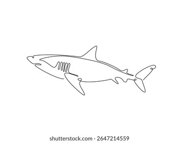 Wild shark in single outline illustration. Continuous line art drawing of shark fish.