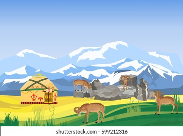 Wild sheeps argali on rocks and nomad's house jurt, vector illustration