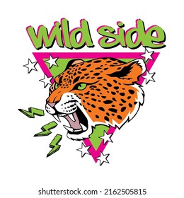 Wild Side Nervous jaguar on top of colored triangle vector t-shirt fashion design