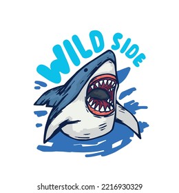 Wild Side.Dangerous shark character design.Cool shark vector print.Fun t-shirt design for kids.Vector illustration design for fashion fabrics, textile graphics, print.