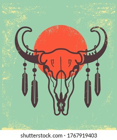 Wild skull with feathers. Vintage poster of bull skull wild west illustration on old paper texture background