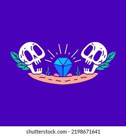 Wild skulls with diamond cartoon, illustration for t-shirt, sticker, or apparel merchandise. With modern pop and urban style.