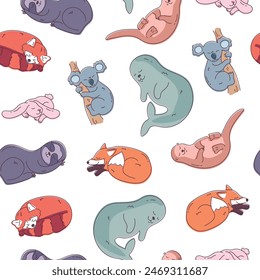 Wild sleeping animals seamless pattern. Cartoon sleepy otter, seal, koala, rabbit, fox, red panda and sloth animal. Vector illustration