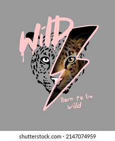 slogan salvaje con cara leopardo en la ilustración del vector thunderbolt