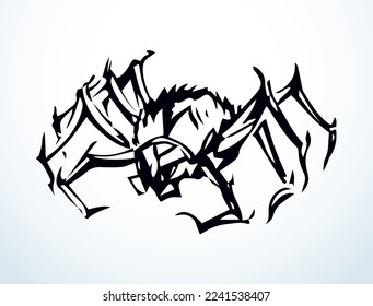 Wild small Araneae web beast zoo life pet set white text space. Close up micro view huge hairy fear widow pest death ill bite mite tick leg dark ink pen hand drawn old retro vintage doodle art style 
