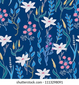 Wild small flowers in seamless pattern on blue background. 