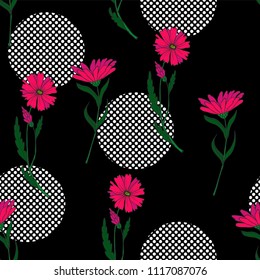 Wild small flowers in seamless pattern on dark background with dots.