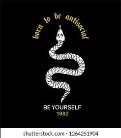 Wild snake fashion embroidery antisocial print with trendy phrase for t shirt tee sweatshirt bomber poster sticker patch. Old school vintage graphic design rock style fashion street wear illustration.