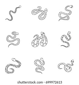 Wild snake icon set. Outline set of 9 wild snake vector icons for web isolated on white background