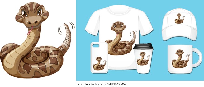 Wild snake on different product designs illustration