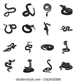 Wild snake vector black icon.Set Illustration of poisonous snake and wild animal. Vector set of icon python, viper, cobra.